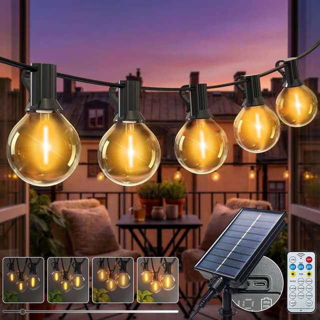 Detalle de kolpop Solar-Lichterkette für außen 15 m mit 8 Modi, dimmbar (G40) und Speicherfunktion