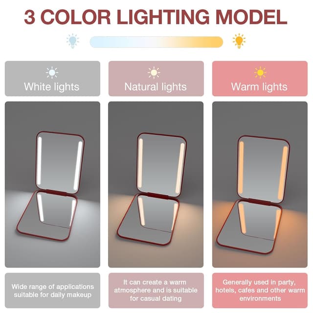 Thumbnail 6 de Kintion Rechargeable Pocket Mirror (1X/3X) with 3 Color Lights, Dimmable, Wine Red