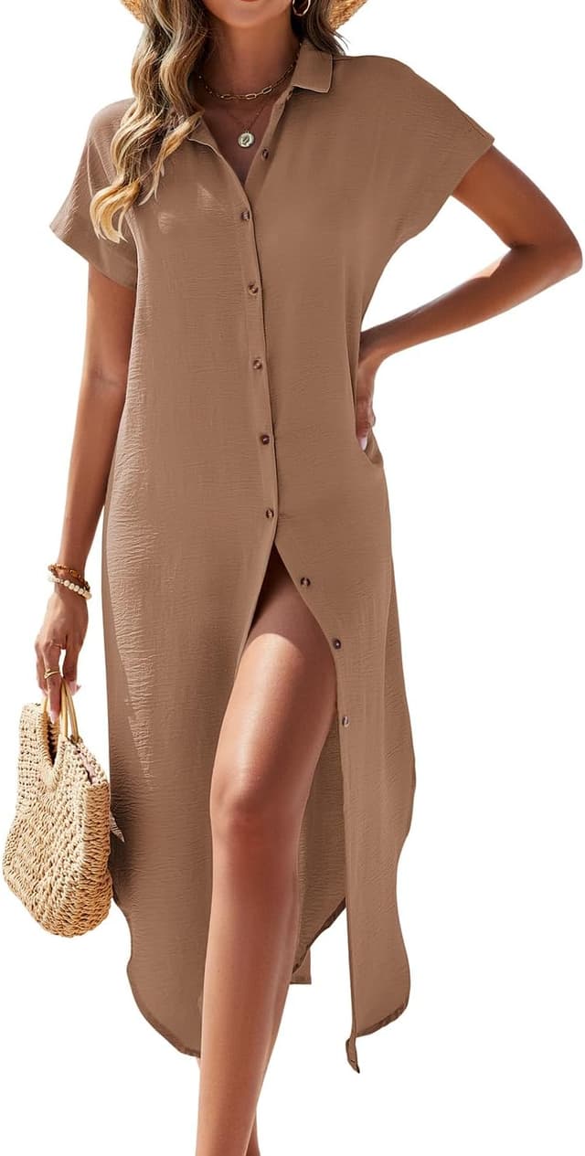 Detalle de Uvog Long Button-Down Swimsuit Cover-Up for Women with V-Neck & Side Slits