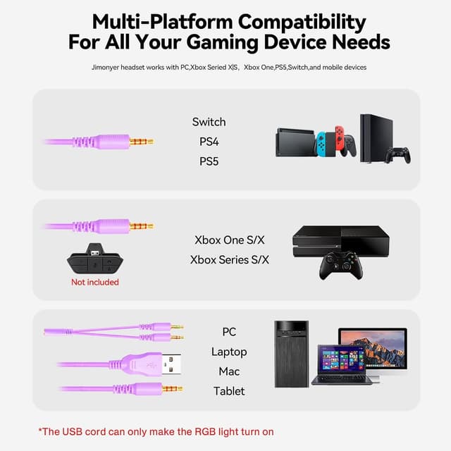 Thumbnail 6 de Jimonyer Gaming Headset with Noise-Canceling Mic (3.5mm) for PC/PS4/PS5/Xbox One/Switch — RGB in White/Purple