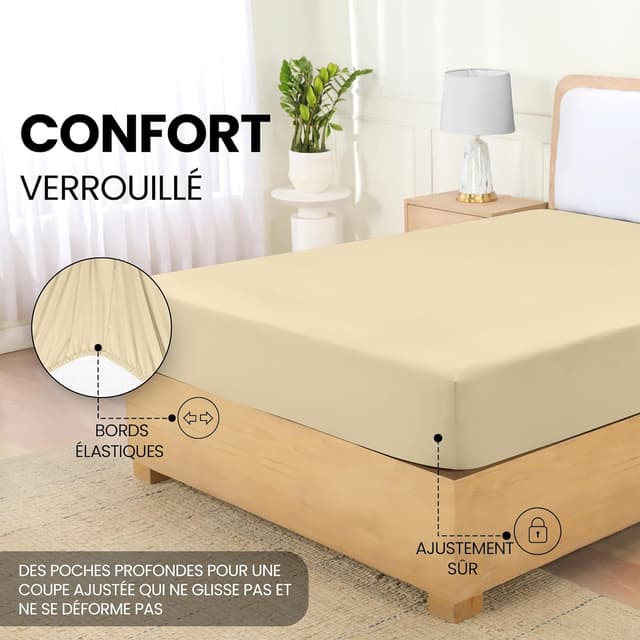 Detalle de Utopia Bedding Drap-housse Beige 200 x 200 cm en microfibre brossée certifié Oeko-Tex, bonnets 35 cm