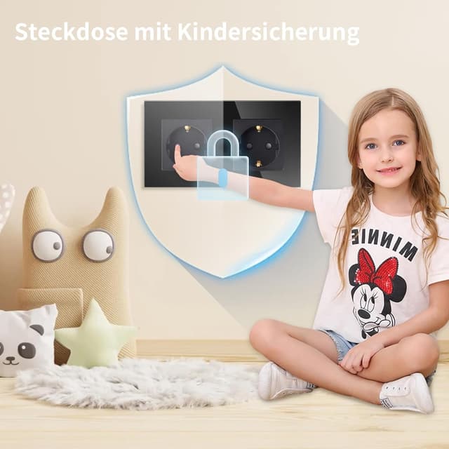 Detalle de LIAONFOY Schuko Doppel-Steckdose mit Kindersicherung & Glasrahmen (Unterputz, schwarz, 2-fach)