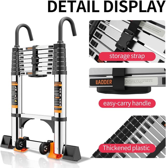 Detalle de Telescopic Ladder 3.8m Stainless Steel Loft Ladder with Stabiliser Bar & Detachable Hooks (12.5ft)