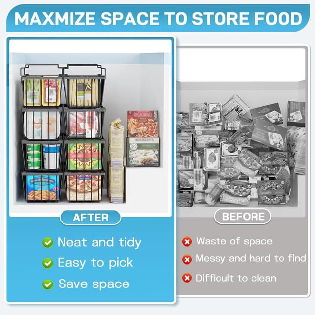 Detalle de SUNALLY Freezer Organizer Bins (4-Pack) — Stackable Chest Freezer Storage Baskets with Handles, Black