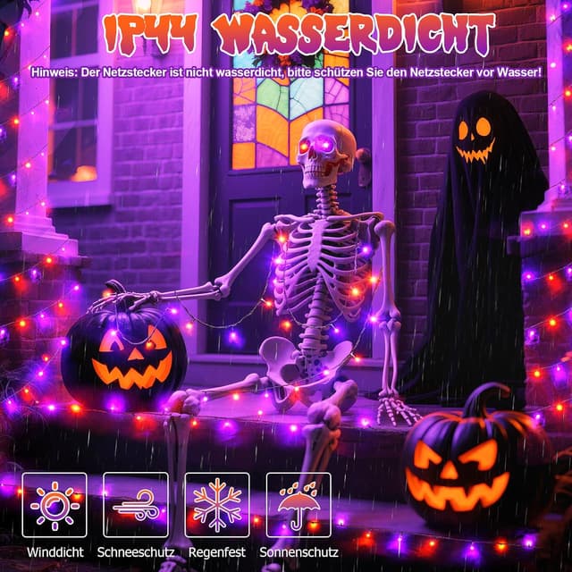 Detalle de Lincentra Halloween-Lichterkette außen 40 m (400 LEDs) Orange/Lila mit Timer & 8 Modi