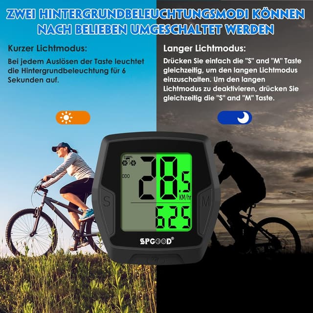 Detalle 2 de SPGOOD kabelloser Fahrradcomputer mit 21 Funktionen, IP54 und beleuchtetem Display