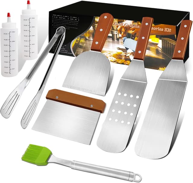 Detalle de MAIKEHIGH lot d’accessoires pour plancha 8 pièces en inox (spatules, tourne-hamburger, pinces, bouteilles et brosse)