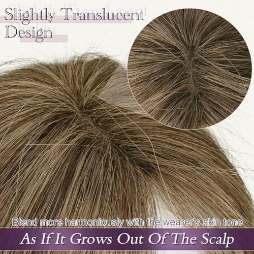 Detalle de RUWISS topper de cabello humano mujer con clips, sin flequillo, castaño con reflejos rubios