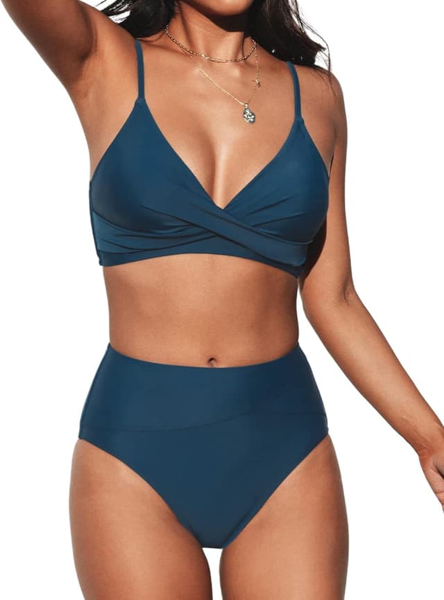 Detalle de CUPSHE bikini donna a vita alta con top a scollo a V e coppe imbottite estraibili, blu scuro (taglia S)
