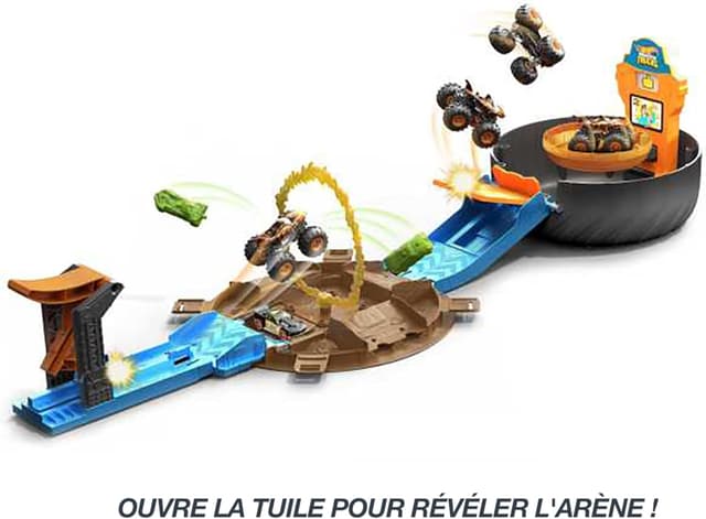 Detalle de Hot Wheels Monster Trucks Coffret Arène Roue HHY74 : piste à lancer et 6 véhicules au 1/64