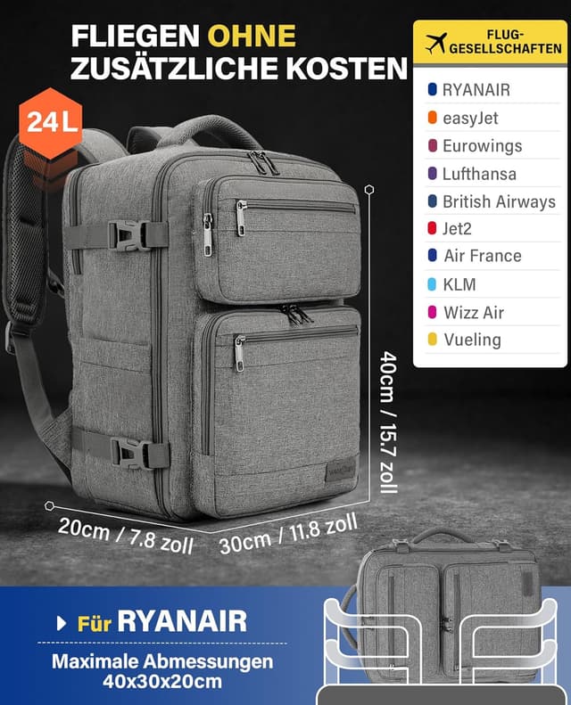 Detalle 2 de VANKEV Handgepäck Rucksack 24L