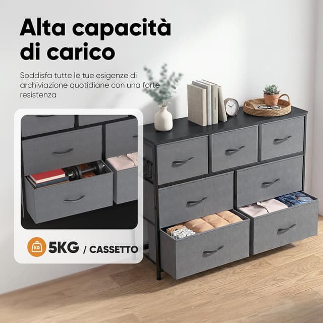 Detalle de HOKEEPER Cassettiera 7 cassetti in tessuto grigio, mobile basso salvaspazio