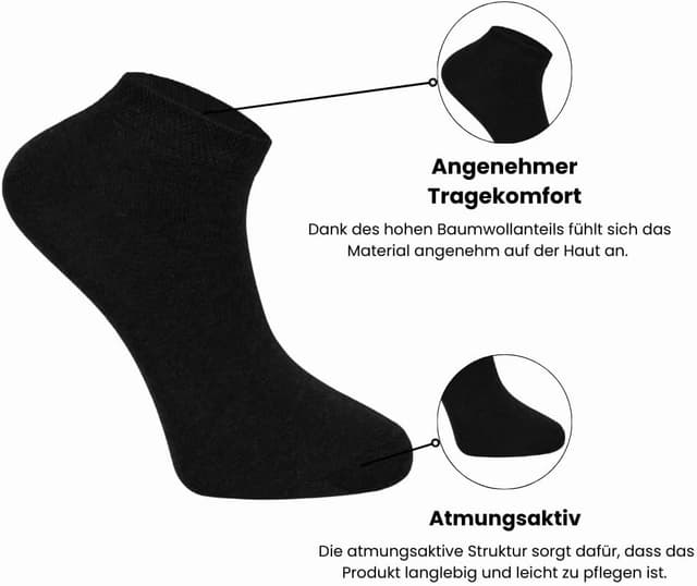 Detalle de Sneaker-Socken (10 Paar) aus Baumwolle für Herren & Damen, atmungsaktiv, kurz – Schwarz/Weiß/Grau, Größen 35-38 bis 47-49