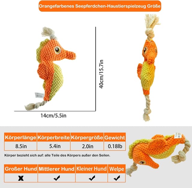 Detalle de TONYFY Niedliches Meeresleben Quietschendes Kauspielzeug mit Plüsch-Seil (Seepferdchen, Orange)
