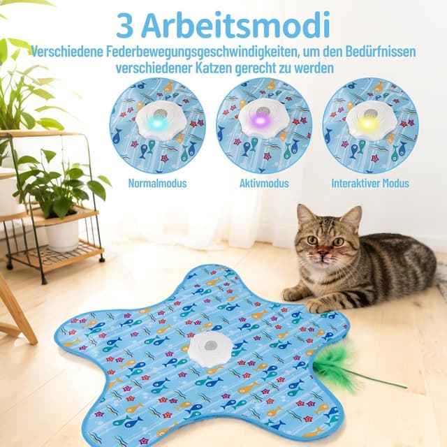 Detalle de Interaktives Katzenspielzeug mit Feder und Quietschmaus – USB wiederaufladbar, mit Versteckspiel & 3 Lichtmodi (blau)