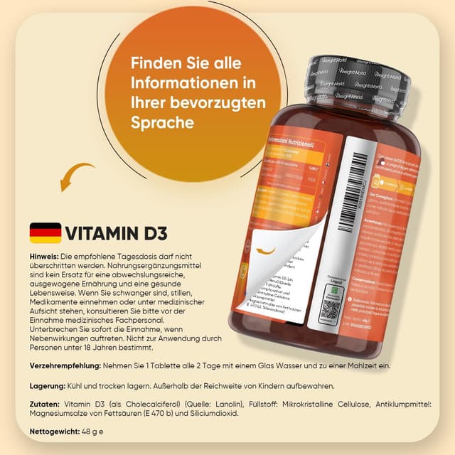 Detalle 2 de WeightWorld Vitamin D3 2000 I.E. Tabletten 💊
