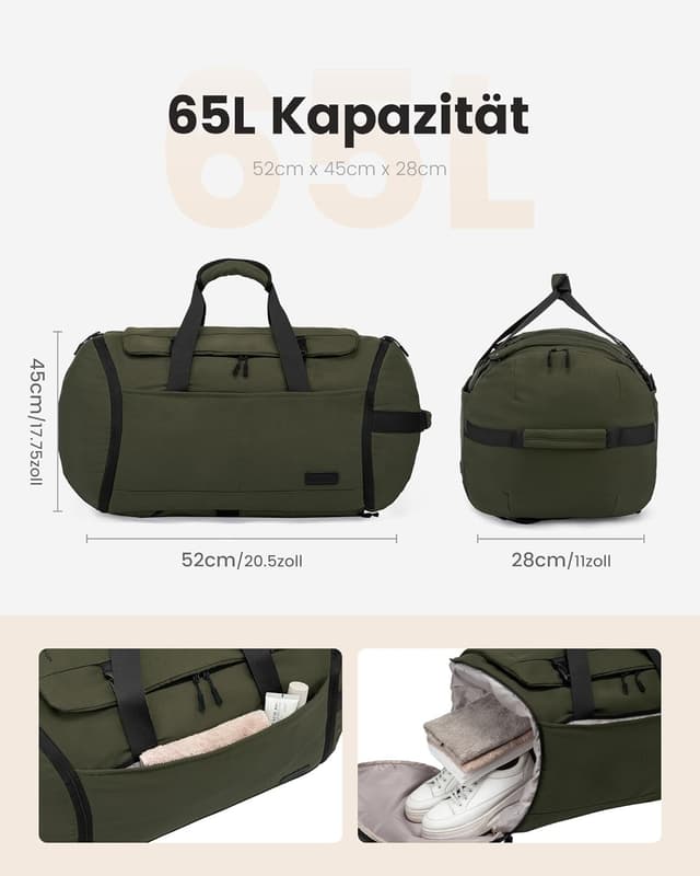 Detalle de LOVEVOOK Reisetasche Sporttasche Rucksack (56L) mit Schuhfach & Nassfach – Dunkelgrün