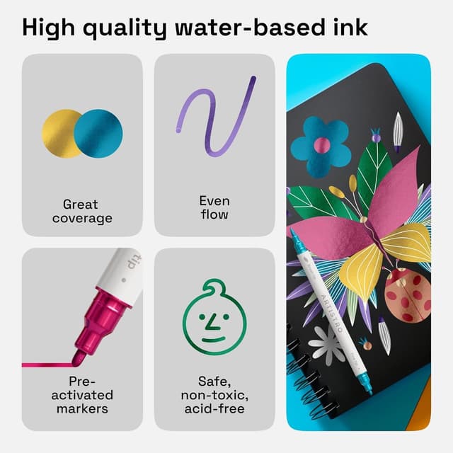 Detalle de ARTISTRO 24 Metallic Acrylic Paint Pens (Dual Tip: Brush & Fine) – 24-Colour Art Set for Multiple Surfaces