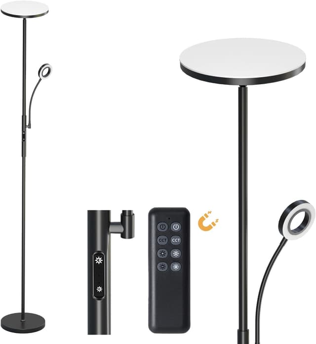 Detalle de Modlicht 35W LED-Stehlampe dimmbar schwarz mit Leselampe, Fernbedienung & Touch, 4200 lm, 3000–6000 K