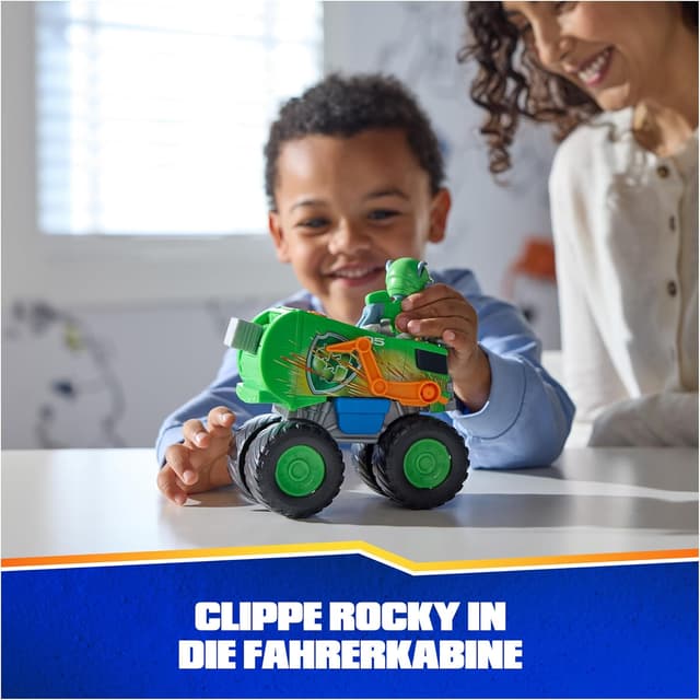 Detalle de PAW Patrol Rescue Wheels Rockys Recycling Monstertruck mit Geschoss-Abwurf & Rocky-Hundefigur – Spielzeug ab 3 Jahren