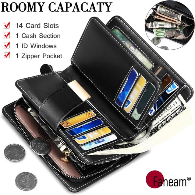 Detalle 2 de Faneam Damen-Geldbörse aus Kalbsleder mit RFID-Schutz, Reißverschluss-Münzfach und Platz für 14 Karten