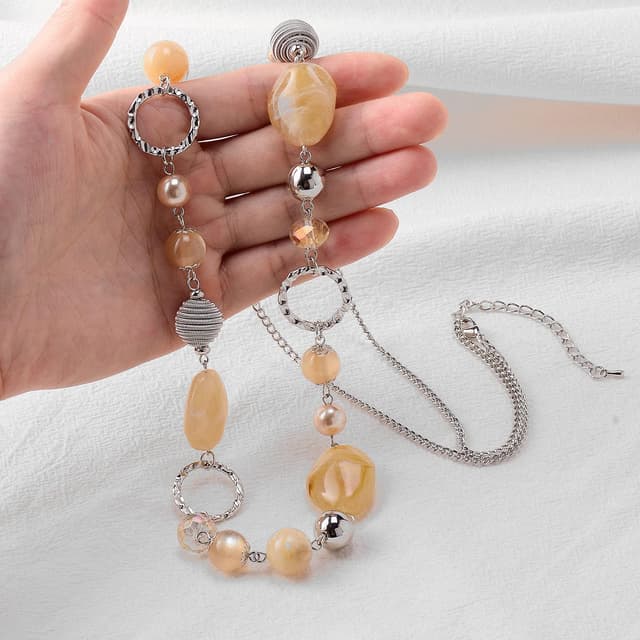 Detalle 2 de Bulinlin Damen Lange Perlenkette Statement Boho – Silberfarbene Metallkette mit Verlängerung für Hochzeitstag & Alltag