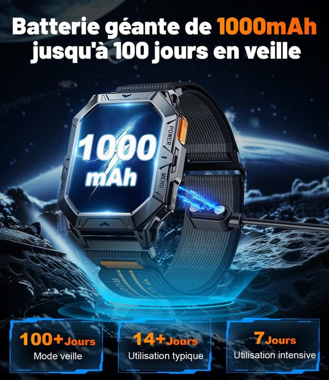 Detalle de Smartwatch Herren militaire TX1 grise : écran AMOLED 2,13" et notifications d’appels