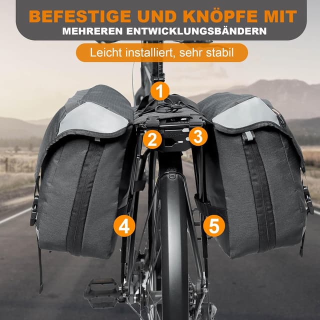 Detalle de NDakter Haltbarkeit Fahrradtaschen für Gepäckträger – Doppeltasche, 35 l wasserdicht, reflektierend, erweiterbar