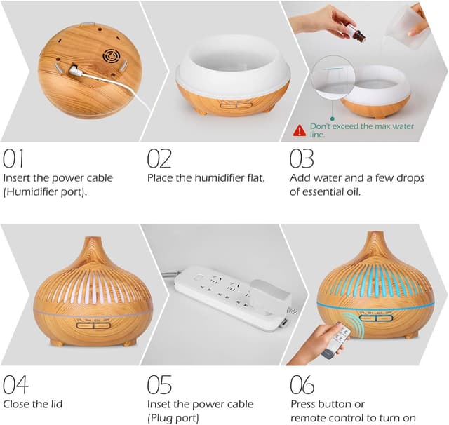 Detalle de GeeRic Diffuseur d’huiles essentielles 500 ml avec 8 huiles (10 ml) et humidificateur à ultrasons