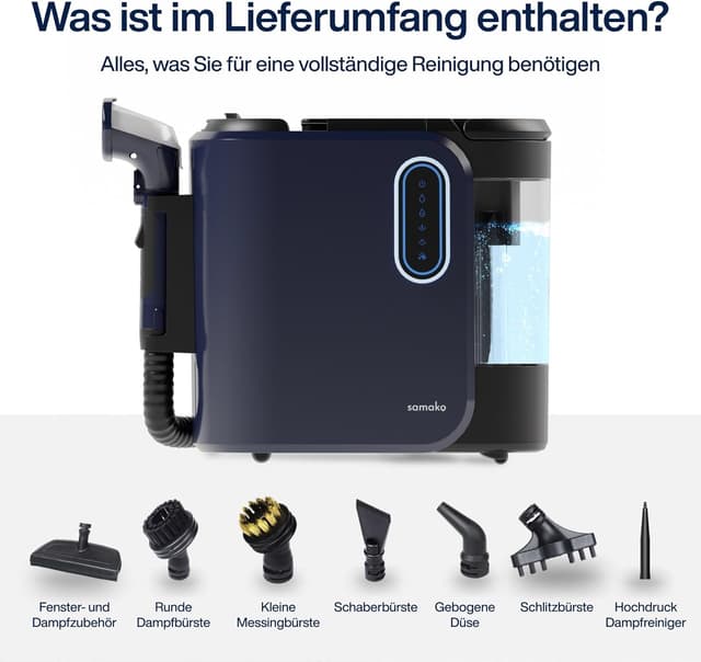 Detalle de SAMAKO PowerClean Pro Waschsauger für Polster & Teppich mit Dampf – Doppeltank-System, 8 Aufsätze