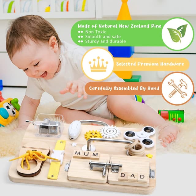 Detalle de Wooden Busy Board for toddlers, 9 activities