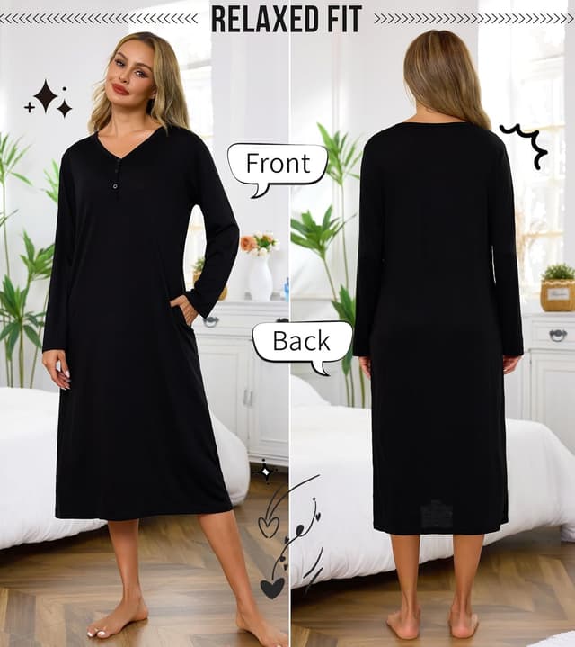 Detalle de Lovasy long-sleeve cotton nightdress for women with pockets – long nightshirt nightwear