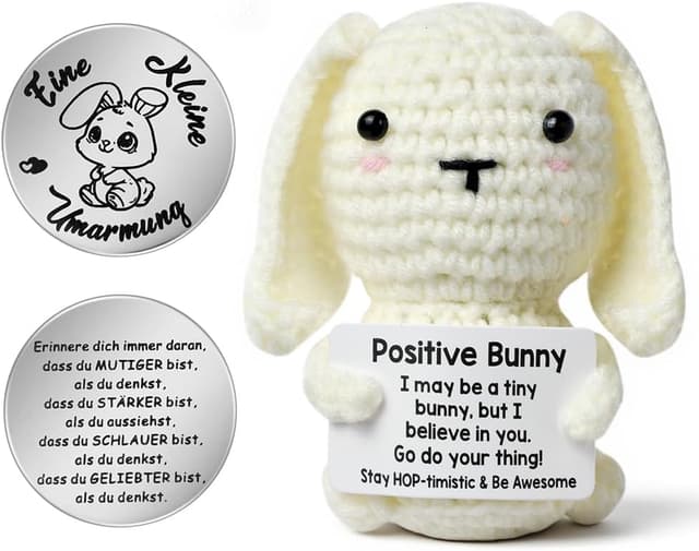 Detalle de Aolso Pocket Hug Coniglio Positivo in mini bambola lavorata a maglia con biglietto e moneta