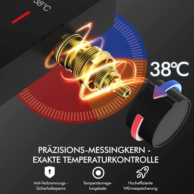 Detalle de HOMELODY Duschsystem mit Thermostat, Glasablage und 30×20 cm Kopfbrause (schwarz) – Komplettset mit 3 Strahlarten