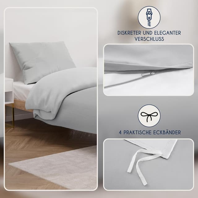 Detalle de Dreamzie Bettwäsche-Set 135x200 cm (1 Kissenbezug 80x80 cm) Hellgrau/Weiß aus 100% Mikrofaser