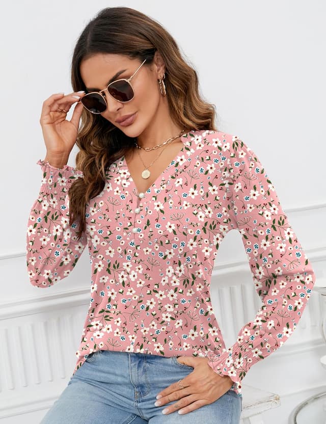 Detalle de Rapbin Women’s V-Neck Puff Long Sleeve Top with Pearl Buttons & Pleated Cuffs