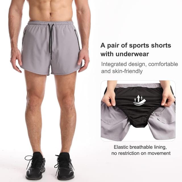 Detalle de Suwangi Uomo Pantaloncini da running 2 in 1 traspiranti ad asciugatura rapida