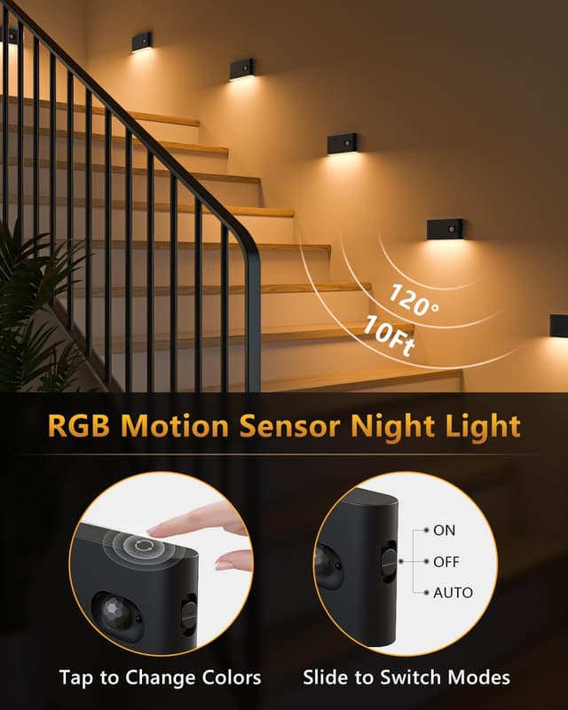 Detalle de WILLED Nachtlicht mit Bewegungsmelder – LED Treppenlicht (RGB & Warmweiß), 10er-Set für Flur & Schlafzimmer