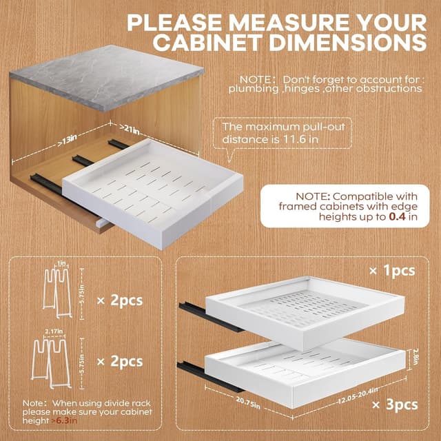 Detalle de Seinloes 4-Pack Expandable Pull-Out Cabinet Organizer (21" Deep) with Dividers & Roll-Out Shelves, Adjustable 12.05"–20.4", White