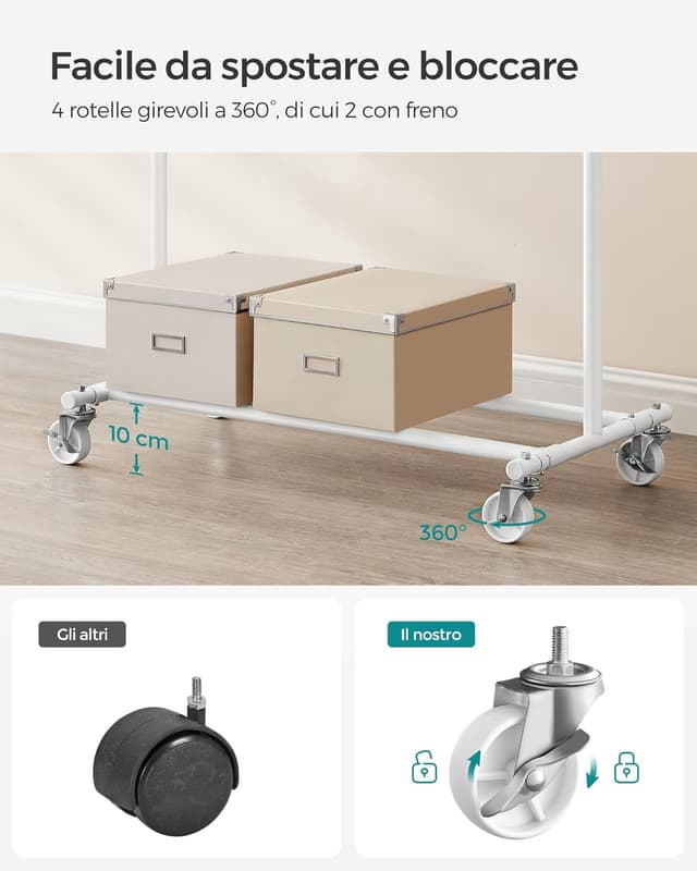 Detalle 2 de SONGMICS HSR013W01 stand appendiabiti con ruote e barre estensibili, portata totale 100 kg