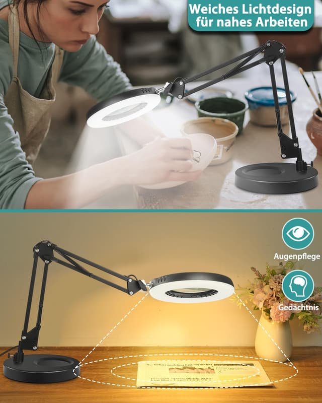 Detalle de Coteck 12X Lupe mit Licht und Ständer – 2-in-1 LED-Schreibtischlampe mit Klemme, stufenlos dimmbar