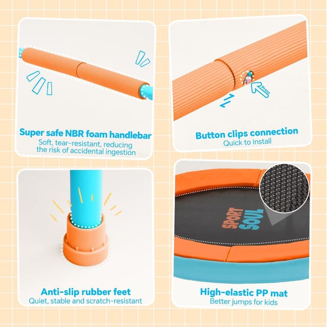 Detalle de SPORTSOUL Mini Trampoline for Kids (Ages 3–6) with Super Safe Foam Handle Bar, 3ft Toddler Trampoline