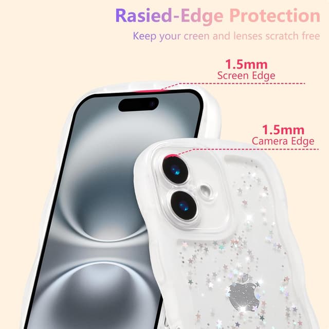 Detalle de ZTOFERA Handyhülle für iPhone 16 Plus – weiche transparente TPU-Hülle mit Wellenrahmen und Sternen