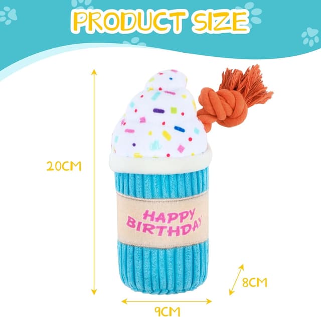 Detalle de La Desire Birthday Balloon Dog Toy with Rope Leg (ice cream) – soft plush squeaker for tug & light chewing