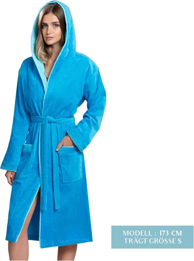 Detalle de Twinzen Damen-Bademantel aus 100% Baumwolle mit Kapuze (Frottee-Velours), OEKO-TEX-zertifiziert