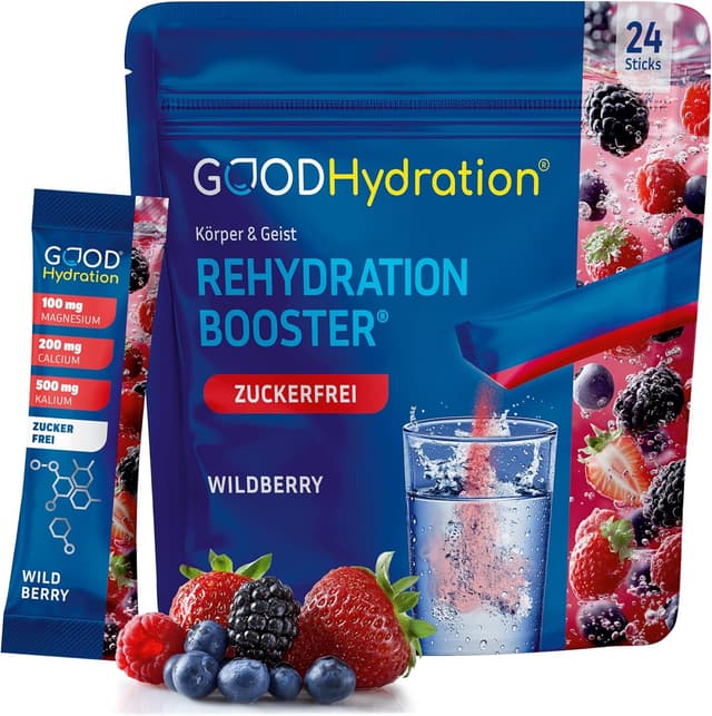 Detalle de GOOD Hydration® Rehydration Booster WALDBEERE – Elektrolyt-Pulver ohne Zucker mit 1.450 mg pro Stick (24 Sticks)