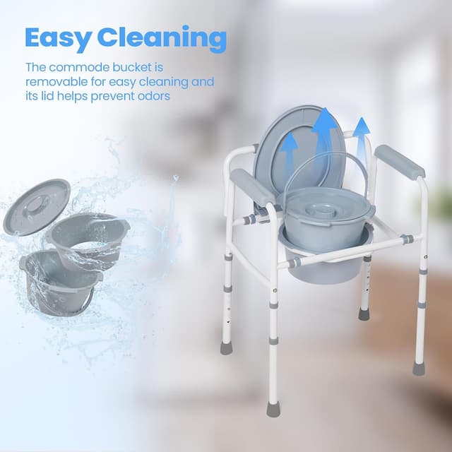 Detalle de Careboda Toilettenstuhl für Senioren mit Armlehnen – stählerner Rahmen, 5 Höhen, bis 136 kg, 7,1-l-Auffangbehälter