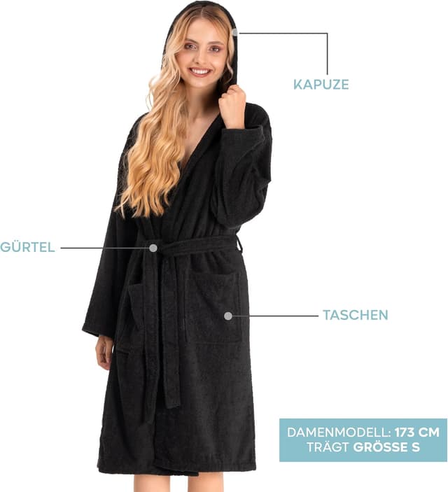 Detalle de Twinzen Damen Bademantel mit Kapuze aus 100% Baumwolle (OEKO-TEX®), XS–XL