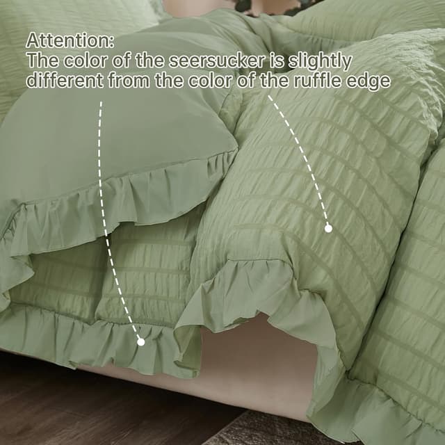 Detalle 2 de Seersucker Double Green Duvet Cover Set White (3-Piece) with Ruffle Edge & Concealed Zipper Closure, Double 200×200 cm