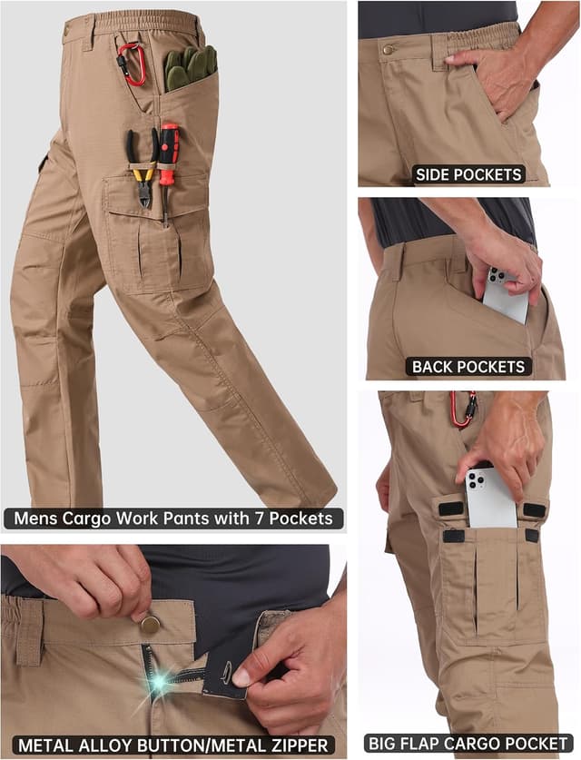 Detalle de CNBQDD Men’s Ripstop Waterproof Cargo Work Pants with 7 Pockets (Tactical/Hiking)